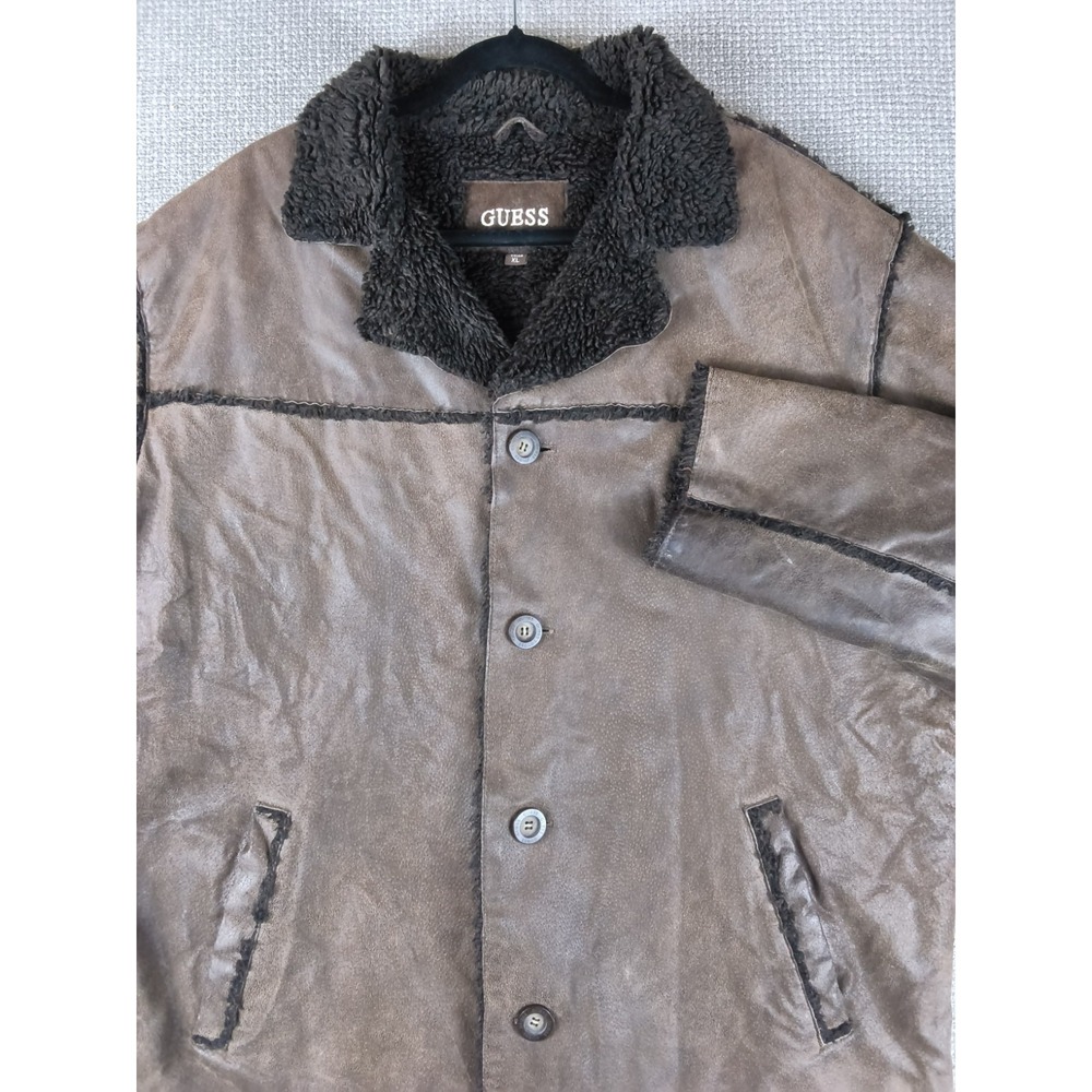 VTG Y2K Guess Genuine Leather Shearling Rancher Coat Heavy Sherpa Jacket XL